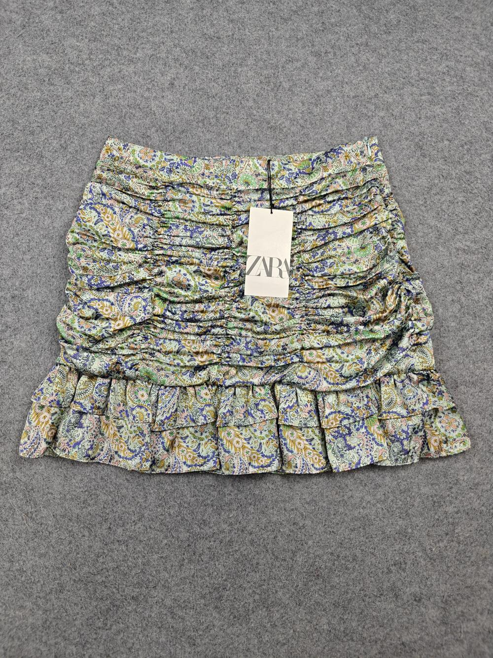 Zara Skirt Womens Small Multicolor Paisley Mini Ruffle Layered Ruched Lined